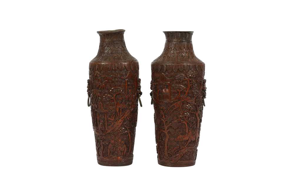 Lot 730 - A PAIR OF CHINESE BAMBOO VASES.