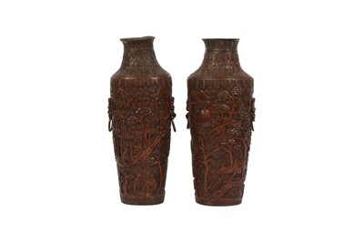 Lot 730 - A PAIR OF CHINESE BAMBOO VASES.