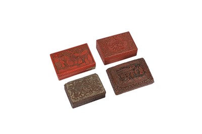Lot 739 - FOUR CHINESE RECTANGULAR CINNABAR LACQUER BOXES AND COVERS.