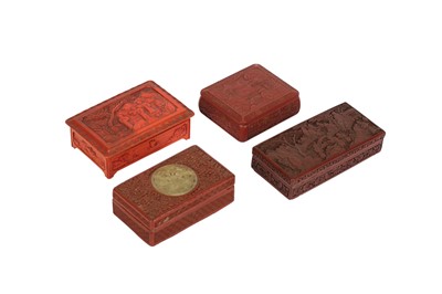 Lot 740 - FOUR CHINESE RECTANGULAR CINNABAR LACQUER BOXES AND COVERS.