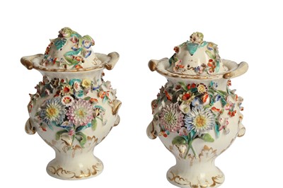 Lot 100 - A PAIR OF ENGLISH COALBROOKDALE PORCELAIN FLORALLY ENCRUSTED VASES,  19TH CENTURY