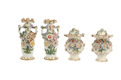 Lot 100 - A PAIR OF ENGLISH COALBROOKDALE PORCELAIN FLORALLY ENCRUSTED VASES,  19TH CENTURY