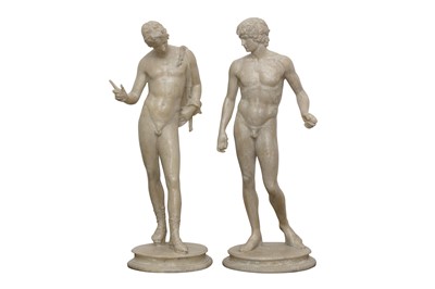 Lot 111 - PURE WHITE LINES, AFTER THE ANTIQUE, A PAIR OF CLASSICAL ROMAN INSPIRED SCULPTURES