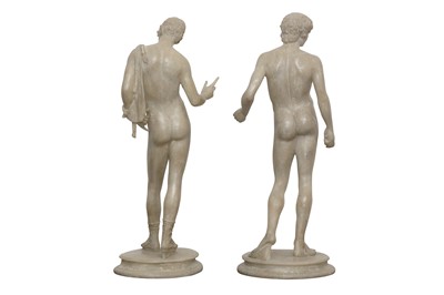 Lot 111 - PURE WHITE LINES, AFTER THE ANTIQUE, A PAIR OF CLASSICAL ROMAN INSPIRED SCULPTURES