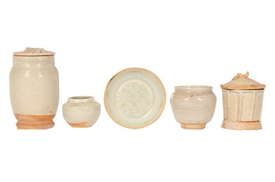 Lot 588 - A GROUP OF CHINESE QINGBAI JARS AND A DISH.