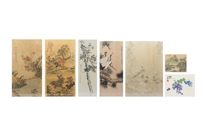 Lot 722 - SIX CHINESE PAINTINGS, TWO PRINTS AND ONE EMBROIDERY.