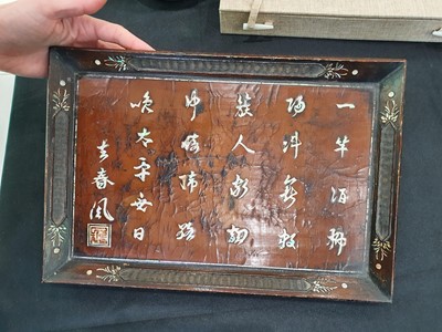 Lot 169 - A CHINESE MOTHER OF PEARL-INLAID LAQUER 'CALLIGRAPHY' TRAY.