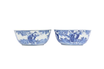 Lot 701 - A PAIR OF LARGE CHINESE BLUE AND WHITE 'IMMORTALS' BOWLS.
