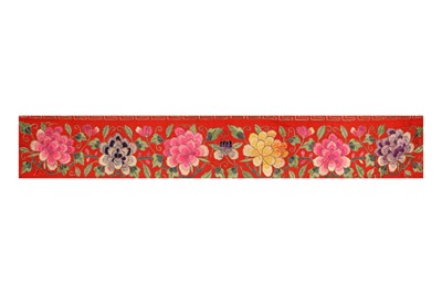 Lot 108 - TWO CHINESE EMBROIDERED RED-GROUND TEXTILE PANELS.