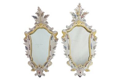 Lot 220 - A PAIR OF NORTH ITALIAN POLYCHROME DECORATED MAJOLICA MIRROR FRAMES, 18TH CENTURY