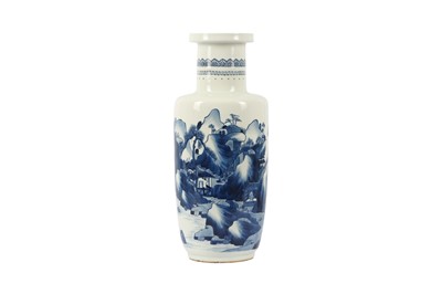 Lot 667 - A CHINESE BLUE AND WHITE ROULEAU 'LANDSCAPE' VASE.