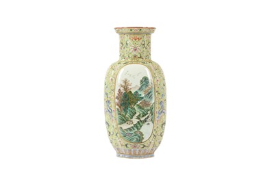 Lot 560 - A CHINESE FAMILLE ROSE LIME GREEN-GROUND 'LANDSCAPE' VASE.