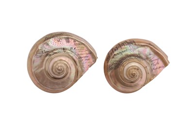 Lot 139 - TWO 19TH CENTURY GREAT GREEN TURBAN SHELLS CARVED WITH SCENES OF WALES (TURBO MARMORATUS)