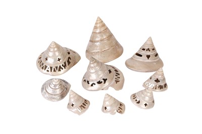 Lot 142 - A COLLECTION OF EIGHT LATE 19TH CENTURY CARVED SEASHELLS FROM THE ANDAMAN ISLANDS TOGETHER WITH ANOTHER