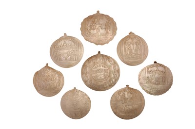 Lot 145 - A COLLECTION OF EIGHT 19TH CENTURY JERUSALEM MOTHER OF PEARL CARVED SHELLS OF RELIGIOUS THEME