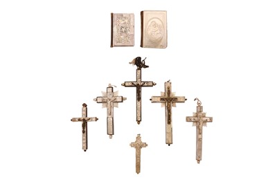Lot 148 - SIX 19TH CENTURY JERUSALEM MOTHER OF PEARL DECORATED CRUCIFIXES TOGETHER WITH TWO BOOKS