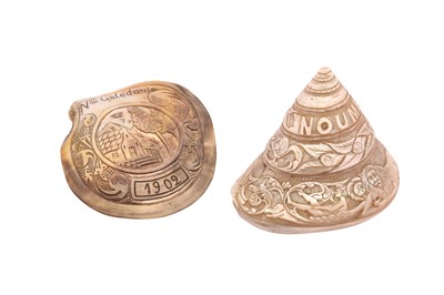 Lot 149 - A RARE 19TH CENTURY TROCHUS SHELL CARVED BY CONVICTS IN NEW CALEDONIA TOGETHER WITH ANOTHER