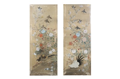 Lot 106 - A PAIR OF CHINESE EMBROIDERED AND PAINTED SILK 'BIRDS' PANELS.