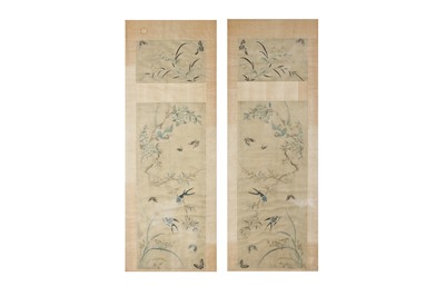 Lot 105 - A PAIR OF CHINESE EMBROIDERED SILK 'BIRDS AND FLOWERS' PANELS.