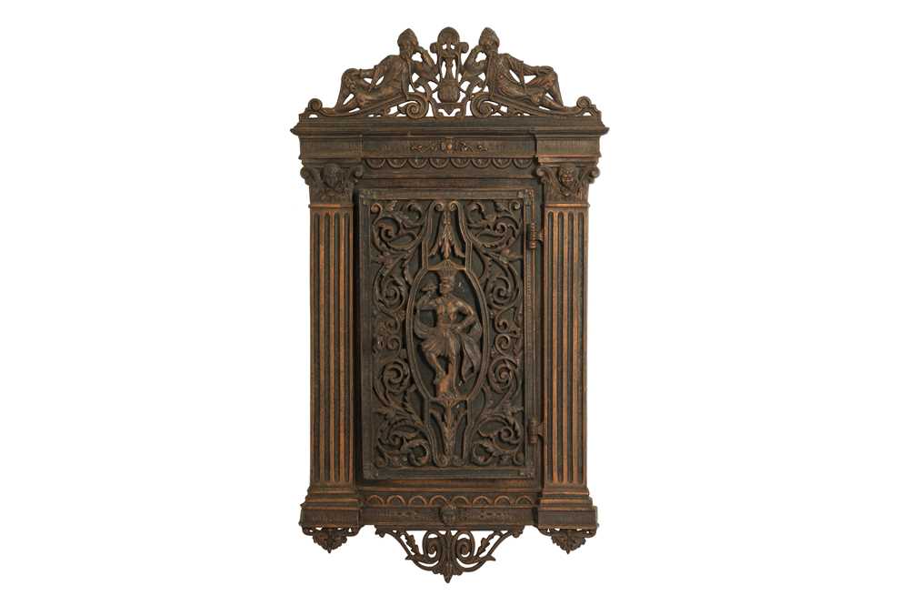 Lot 625 - A CAST IRON AND WOOD CIGAR HUMIDOR WALL CABINET