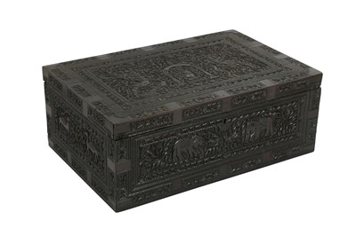 Lot 479 - A LARGE CARVED WOODEN TRAVEL BOX