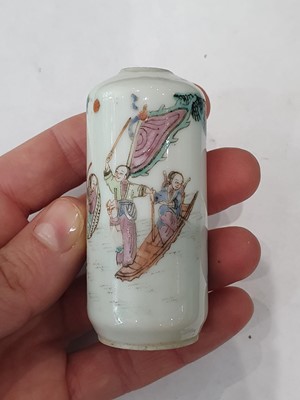 Lot 265 - A CHINESE FAMILLE ROSE SNUFF BOTTLE, A CELADON-GLAZED MINIATURE TEAPOT AND A VASE.