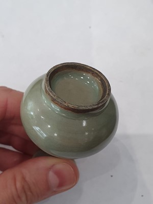 Lot 265 - A CHINESE FAMILLE ROSE SNUFF BOTTLE, A CELADON-GLAZED MINIATURE TEAPOT AND A VASE.
