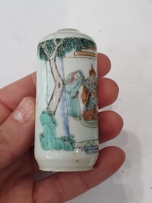 Lot 265 - A CHINESE FAMILLE ROSE SNUFF BOTTLE, A CELADON-GLAZED MINIATURE TEAPOT AND A VASE.