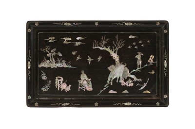 Lot 365 - A CHINESE MOTHER OF PEARL-INLAID RECTANGULAR HARDWOOD TRAY.