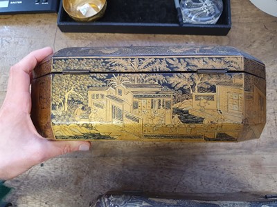 Lot 15 - A CHINESE LACQUER WOOD GILT-DECORATED 'TEA PRODUCTION' TEA CADDY.
