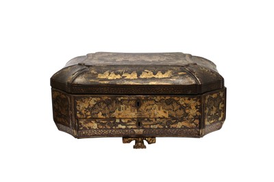 Lot 288 - λ A CHINESE LACQUER WOOD GILT-DECORATED SEWING BOX.