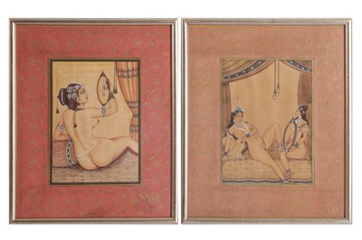 Lot 606 - A SET OF FOUR INDIAN PAINTED AND DECORATED PRINTED EROTIC SCENES, IN THE 18TH CENTURY STYLE