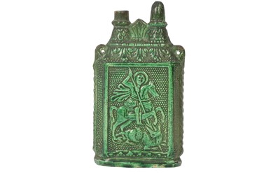 Lot 496 - A GREEN-GLAZED MOULDED KUTAHYA POTTERY FLASK WITH ST. GEORGE AND THE DRAGON
