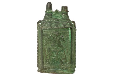 Lot 496 - A GREEN-GLAZED MOULDED KUTAHYA POTTERY FLASK WITH ST. GEORGE AND THE DRAGON