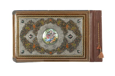 Lot 340 - A POLYCHROME-PAINTED, LACQUERED AND ENAMELLED ALBUM COVER WITH KHATAMKARI