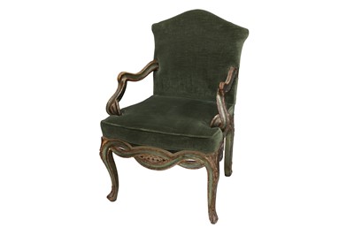 Lot 593 - AN ITALIAN CARVED AND PAINTED WOOD ARMCHAIR, 19TH CENTURY