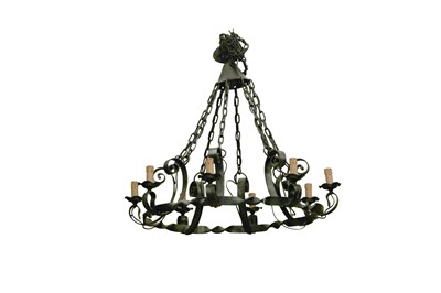 Lot 1117 - A LARGE WROUGHT IRON GOTHIC REVIVAL CHANDELIER, 20TH CENTURY