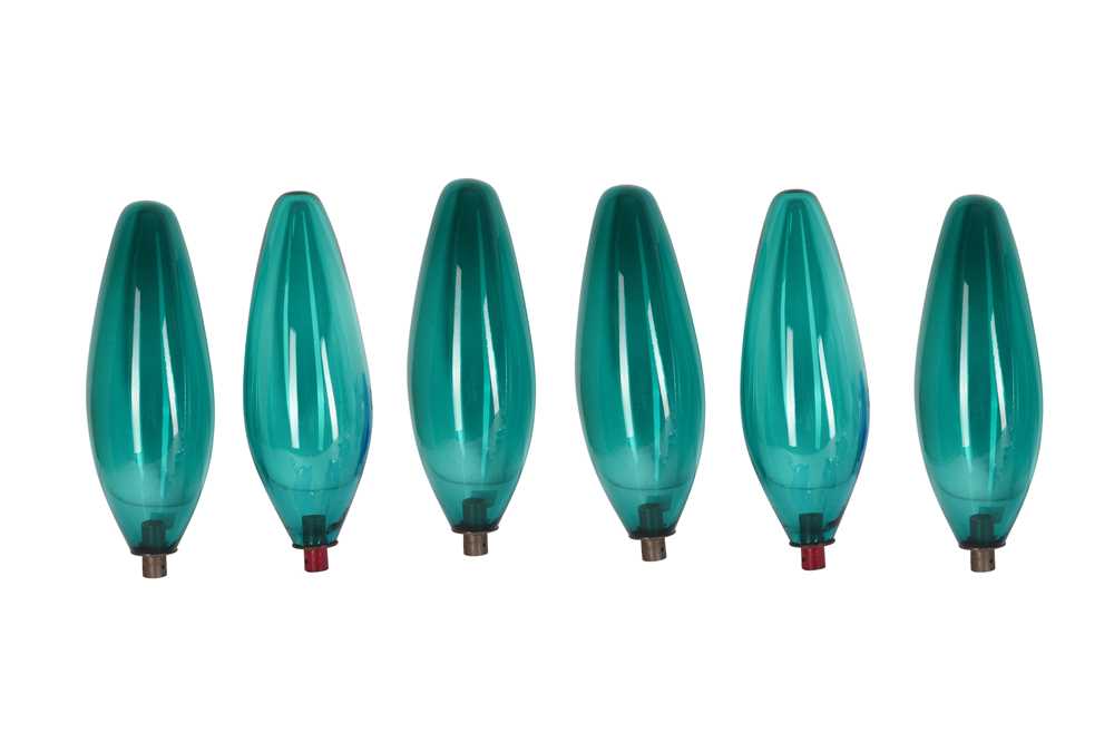 Lot 87 - A SET OF SIX TEAL GLASS LIGHT SHADES, 20TH CENTURY