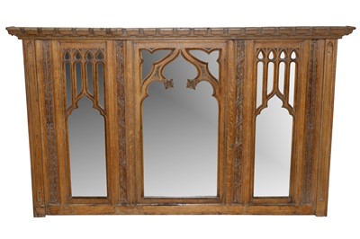 Lot 323 - A GOTHIC REVIVAL OAK OVERMANTEL MIRROR, EARLY 20TH CENTURY