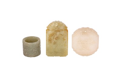 Lot 258 - TWO CHINESE JADE PLAQUES AND AN ARCHER'S RING.
