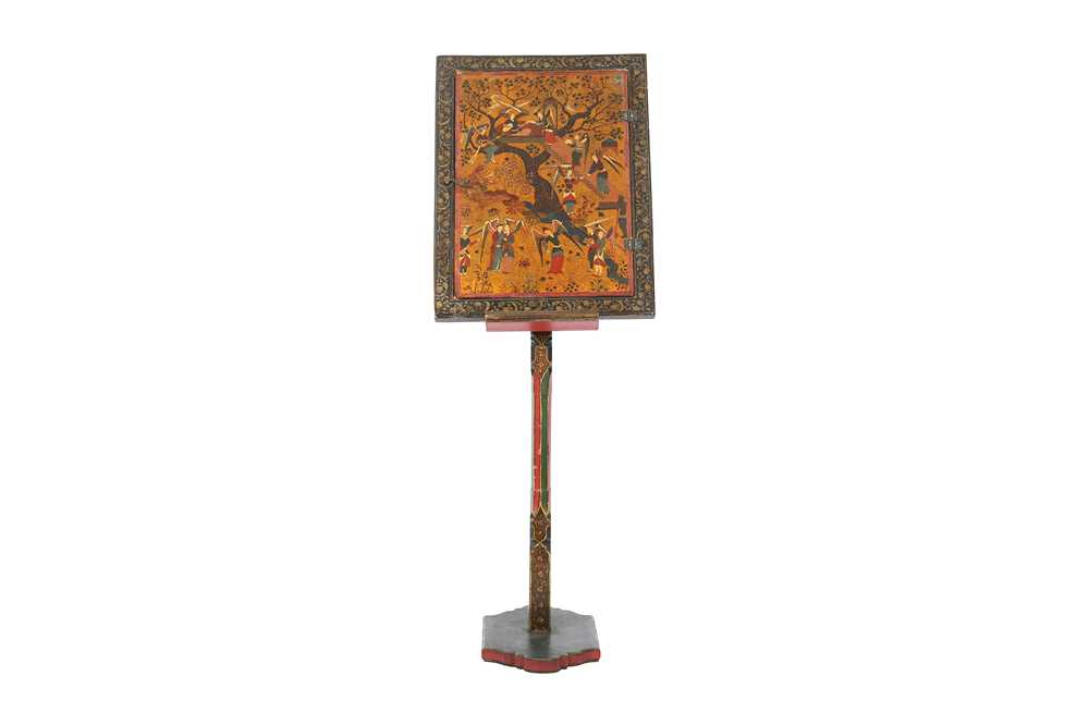 Lot 358 - A SAFAVID-STYLE POLYCHROME-PAINTED AND LACQUERED PAPIER-MÂCHÉ MIRROR CASE WITH STAND