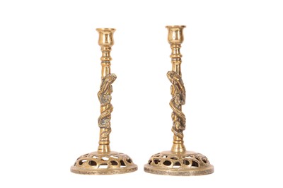 Lot 121 - A PAIR OF CHINESE BRONZE  'DRAGON' CANDLESTICKS.