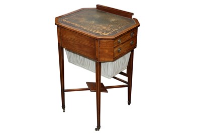 Lot 122 - A SHERATON REVIVAL MAHOGANY AND SATINWOOD INLAID SEWING OR WORK TABLE, 19TH CENTURY