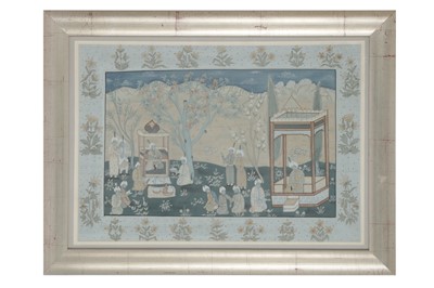 Lot 403 - AN INDIAN PAINTING OF AN MAHARAJA RECEIVING GUESTS, IN THE MUGHAL STYLE, CONTEMPORARY