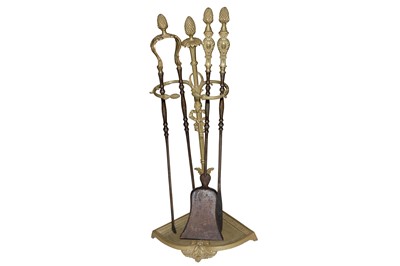 Lot 237 - A SET OF GILT BRONZE AND STEEL FIRESIDE TOOLS AND STAND, EARLY 20TH CENTURY
