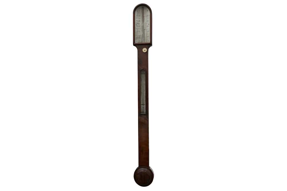 Lot 129 - A VICTORIAN MAHOGANY STICK BAROMETER, CIRCA 1850