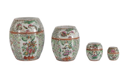 Lot 446 - A SET OF MATCHED CHINESE CANTON PORCELAIN STACKING BARREL BOXES, LATE 19TH CENTURY