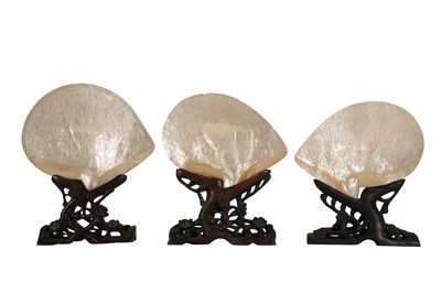 Lot 156 - A PAIR OF 19TH CENTURY CHINESE PEARL SHELL CARVINGS, QING DYNASTY, TOGETHER WITH ANOTHER