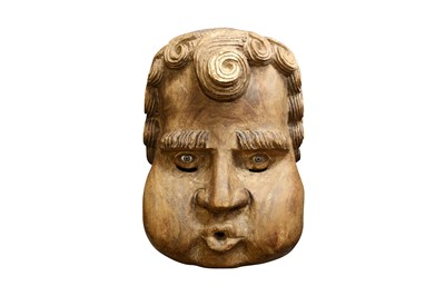 Lot 270 - AN UNUSUAL AND LARGE  LATE 19TH OR EARLY 20TH CENTURY CARVED WOOD HEAD OF A CHILD