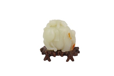 Lot 604 - A CHINESE PALE CELADON JADE 'BOYS AND ELEPHANT' CARVING.